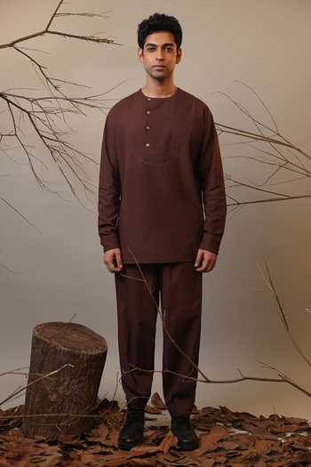MATI_Brown Cotton Roots Short Kurta _Online_at_Aza_Fashions