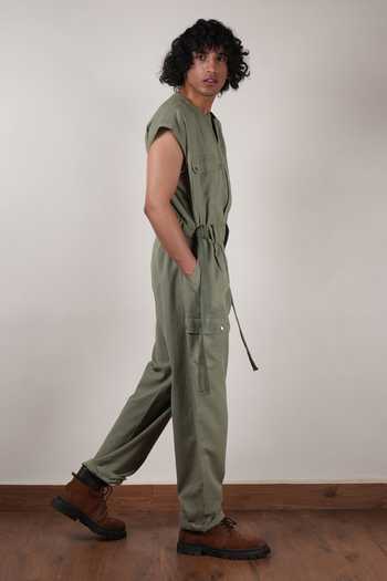 MATI_Olive Green Handwoven Cotton Safari Jumpsuit _Online_at_Aza_Fashions