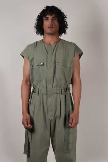 Buy_MATI_Olive Green Handwoven Cotton Safari Jumpsuit _Online_at_Aza_Fashions