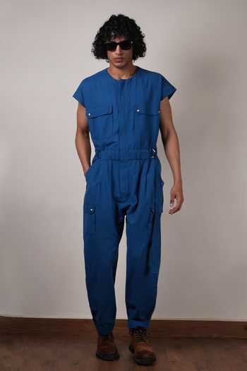 MATI_Blue Handwoven Cotton Safari Jumpsuit _Online_at_Aza_Fashions