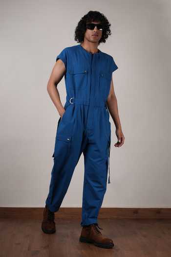 Buy_MATI_Blue Handwoven Cotton Safari Jumpsuit _Online_at_Aza_Fashions