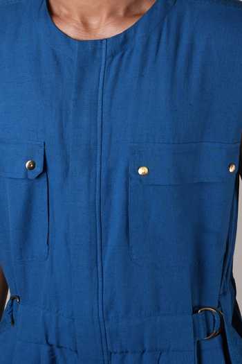 MATI_Blue Handwoven Cotton Safari Jumpsuit _at_Aza_Fashions