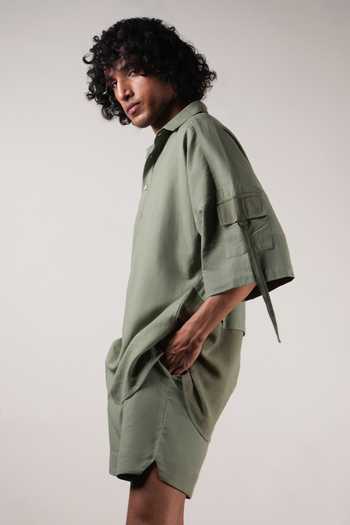 MATI_Green Cotton Handwoven Drawstring Shorts _Online_at_Aza_Fashions