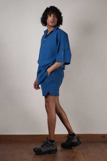 Buy_MATI_Blue Cotton Handwoven Drawstring Shorts _Online_at_Aza_Fashions