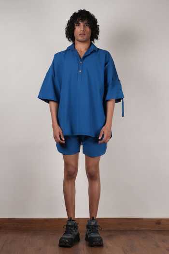Shop_MATI_Blue Cotton Handwoven Drawstring Shorts _Online_at_Aza_Fashions