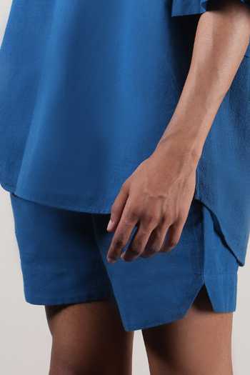 MATI_Blue Cotton Handwoven Drawstring Shorts _at_Aza_Fashions