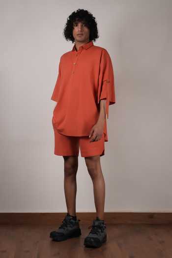 Shop_MATI_Rust Cotton Handwoven Drawstring Shorts _Online_at_Aza_Fashions