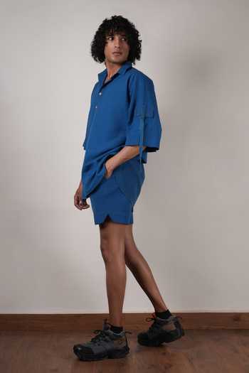 MATI_Blue Cotton Handspun Oversized T-shirt And Shorts Set _Online_at_Aza_Fashions
