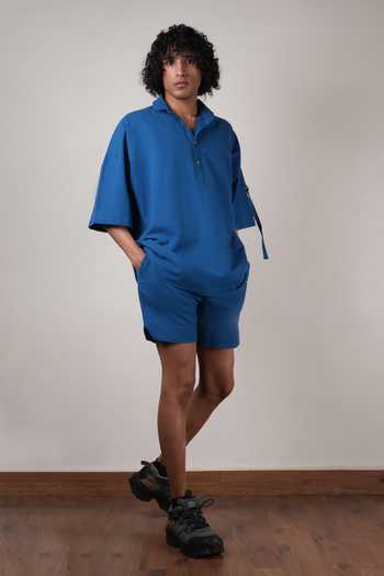 Buy_MATI_Blue Cotton Handspun Oversized T-shirt And Shorts Set _Online_at_Aza_Fashions