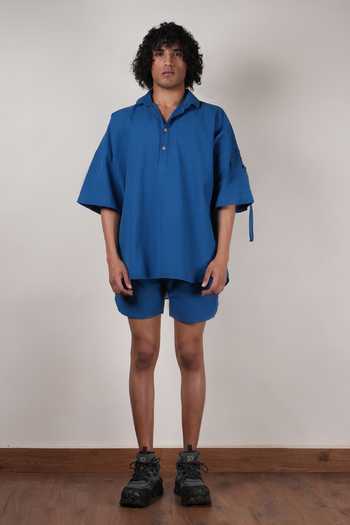 MATI_Blue Cotton Handspun Oversized T-shirt And Shorts Set _at_Aza_Fashions