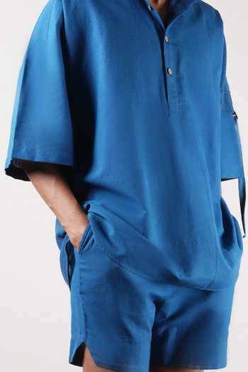 Buy_MATI_Blue Cotton Handspun Oversized T-shirt And Shorts Set 