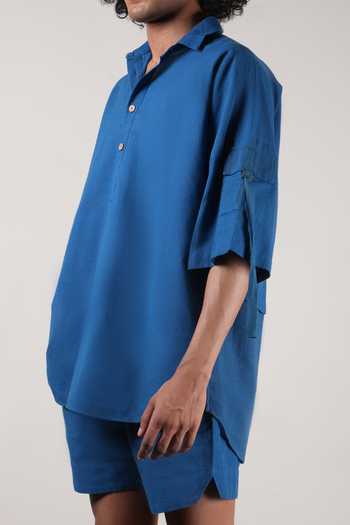 Shop_MATI_Blue Cotton Handspun Oversized T-shirt And Shorts Set 