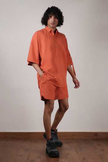 MATI_Orange Cotton Handspun T-shirt And Shorts Set _Online_at_Aza_Fashions