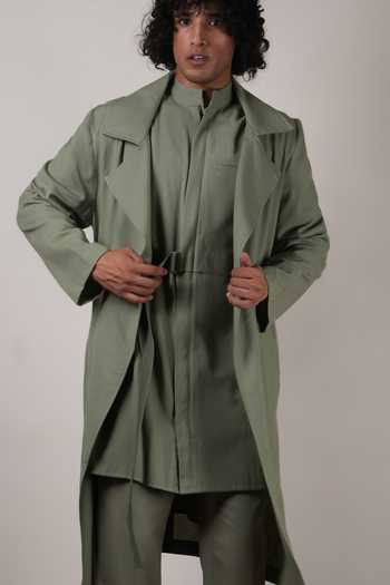 Shop_MATI_Green Cotton Handwoven Trench Jacket _Online_at_Aza_Fashions