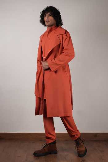 Buy_MATI_Rust Cotton Handwoven Trench Jacket _Online_at_Aza_Fashions