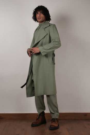 MATI_Green Cotton Trench Jacket And Kurta Set _Online_at_Aza_Fashions