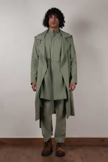 MATI_Green Cotton Trench Jacket And Kurta Set _at_Aza_Fashions