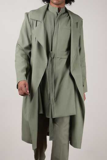 Buy_MATI_Green Cotton Trench Jacket And Kurta Set 