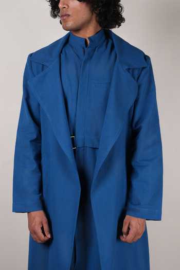 Buy_MATI_Blue Cotton Trench Jacket And Kurta Set _Online_at_Aza_Fashions