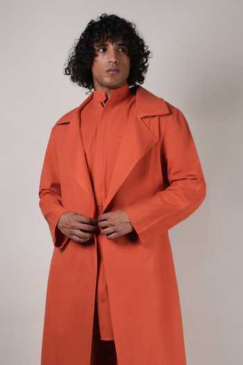 MATI_Rust Cotton Trench Jacket And Kurta Set _Online_at_Aza_Fashions