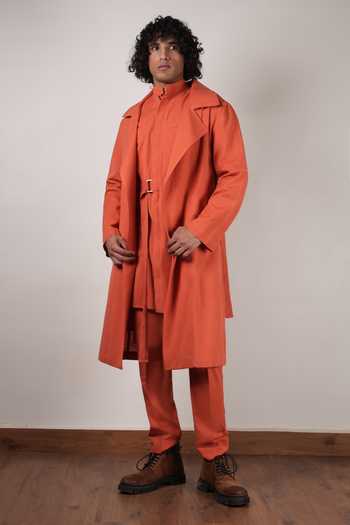 Buy_MATI_Rust Cotton Trench Jacket And Kurta Set 