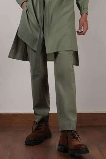 MATI_Green Cotton Handwoven Belted Kurta _Online_at_Aza_Fashions