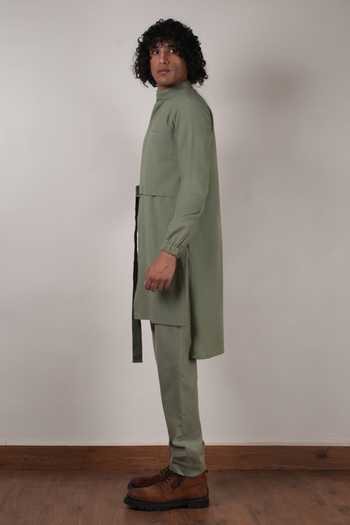Buy_MATI_Green Cotton Handwoven Belted Kurta _Online_at_Aza_Fashions