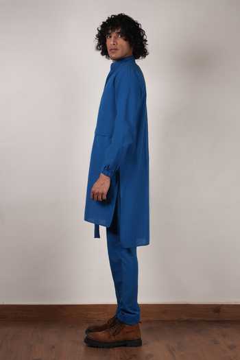 MATI_Blue Cotton Handwoven Belted Kurta _Online_at_Aza_Fashions