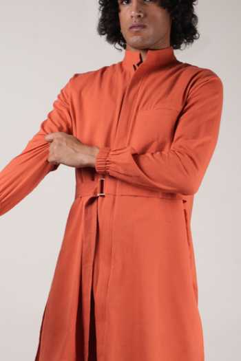 MATI_Rust Cotton Handwoven Belted Kurta _Online_at_Aza_Fashions