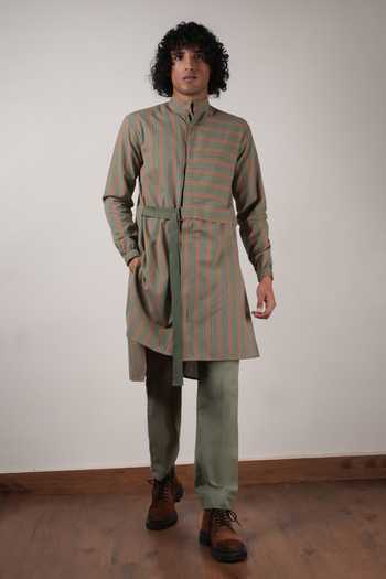 MATI_Green Cotton Handwoven Striped Belted Kurta _Online_at_Aza_Fashions