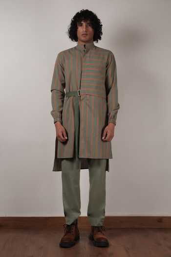 Buy_MATI_Green Cotton Handwoven Striped Belted Kurta _Online_at_Aza_Fashions