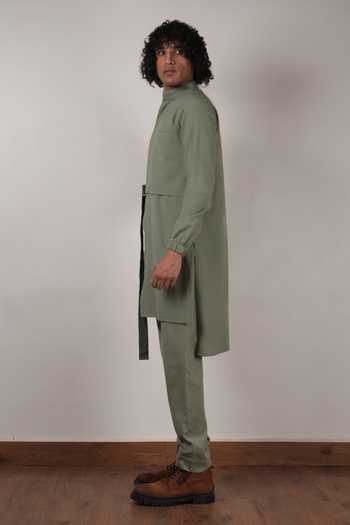 MATI_Olive Green Cotton Handspun Belted Kurta And Pant Set _Online_at_Aza_Fashions