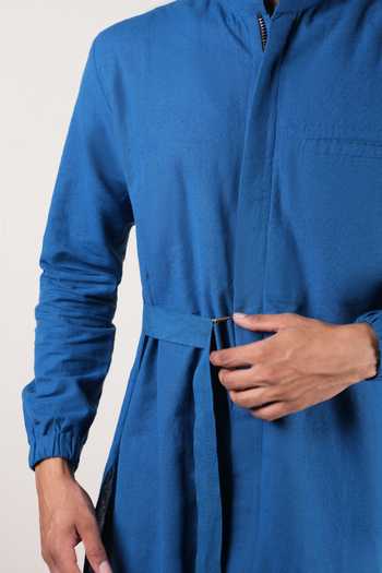 Shop_MATI_Blue Cotton Handwoven Belted Kurta Set _Online_at_Aza_Fashions