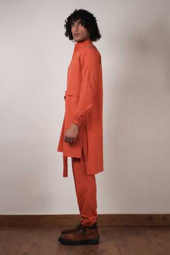 Shop_MATI_Rust Cotton Handwoven Belted Kurta Set _Online_at_Aza_Fashions