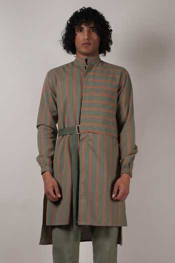 Shop_MATI_Green Cotton Handwoven Striped Belted Kurta Set _Online_at_Aza_Fashions