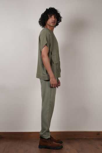 MATI_Green Cotton Handwoven Safari Straight Pant _Online_at_Aza_Fashions