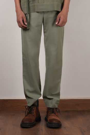 Buy_MATI_Green Cotton Handwoven Safari Straight Pant _Online_at_Aza_Fashions