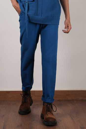 MATI_Blue Cotton Handwoven Safari Straight Pant _Online_at_Aza_Fashions