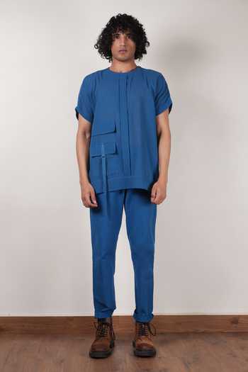 Buy_MATI_Blue Cotton Handwoven Safari Straight Pant _Online_at_Aza_Fashions