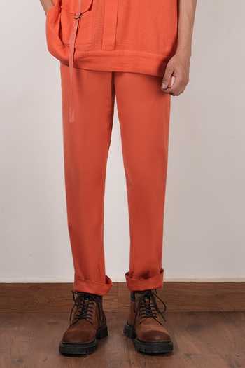 MATI_Rust Cotton Handwoven Safari Straight Pant _Online_at_Aza_Fashions