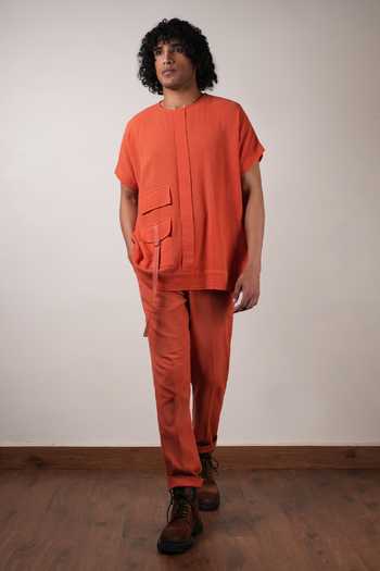 Shop_MATI_Rust Cotton Handwoven Safari Straight Pant _Online_at_Aza_Fashions
