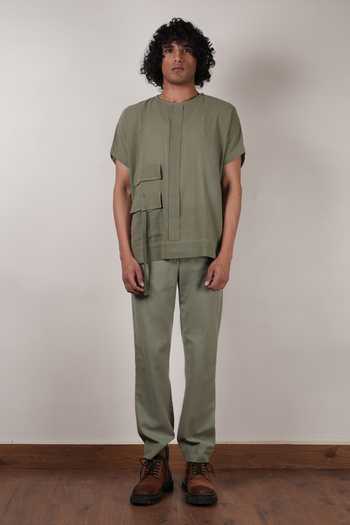 MATI_Green Cotton Handwoven Flap Pocket T-shirt _Online_at_Aza_Fashions