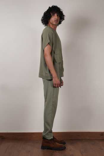 Buy_MATI_Green Cotton Handwoven Flap Pocket T-shirt _Online_at_Aza_Fashions