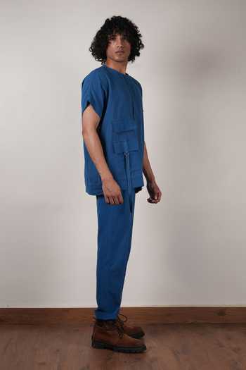 MATI_Blue Cotton Handwoven Flap Pocket T-shirt _Online_at_Aza_Fashions