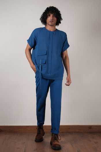 Buy_MATI_Blue Cotton Handwoven Flap Pocket T-shirt _Online_at_Aza_Fashions