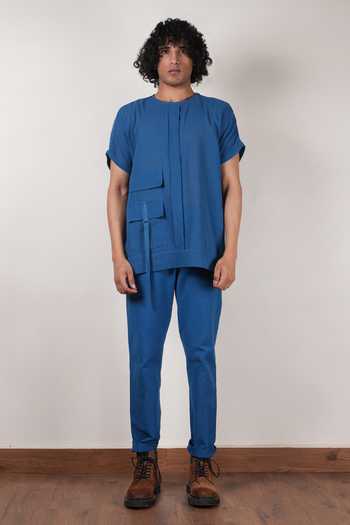 Shop_MATI_Blue Cotton Handwoven Flap Pocket T-shirt _Online_at_Aza_Fashions
