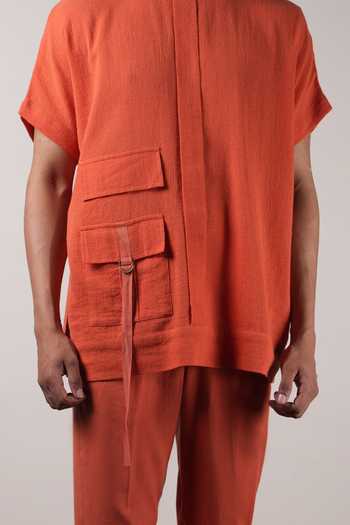 MATI_Rust Cotton Handwoven Flap Pocket T-shirt _Online_at_Aza_Fashions