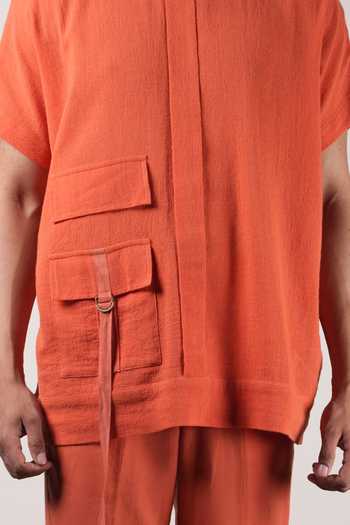 Buy_MATI_Rust Cotton Handwoven Flap Pocket T-shirt _Online_at_Aza_Fashions