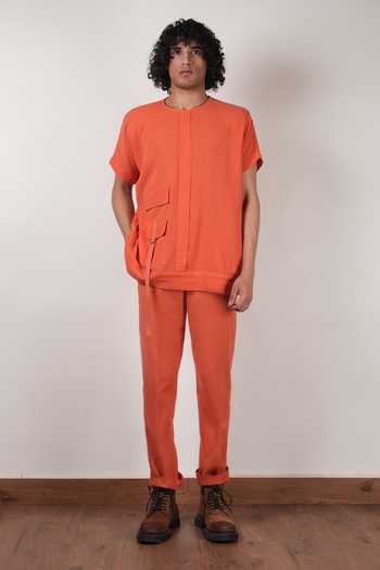 Shop_MATI_Rust Cotton Handwoven Flap Pocket T-shirt _Online_at_Aza_Fashions