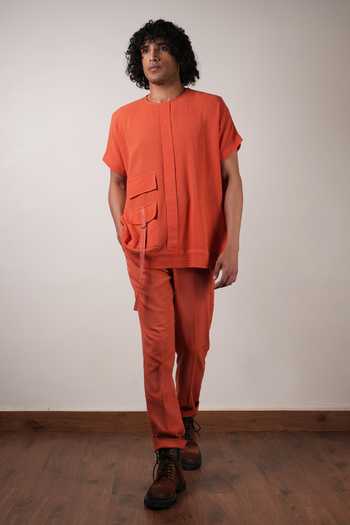 MATI_Rust Cotton Handwoven Flap Pocket T-shirt _at_Aza_Fashions